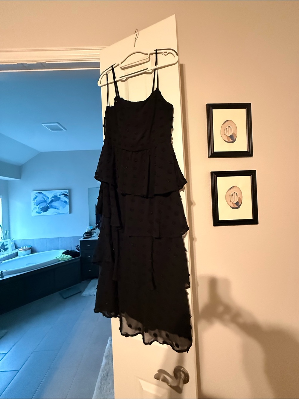 miami Black Asymmetrical Tiered Spaghetti-Strap Dress with Dot Texture
